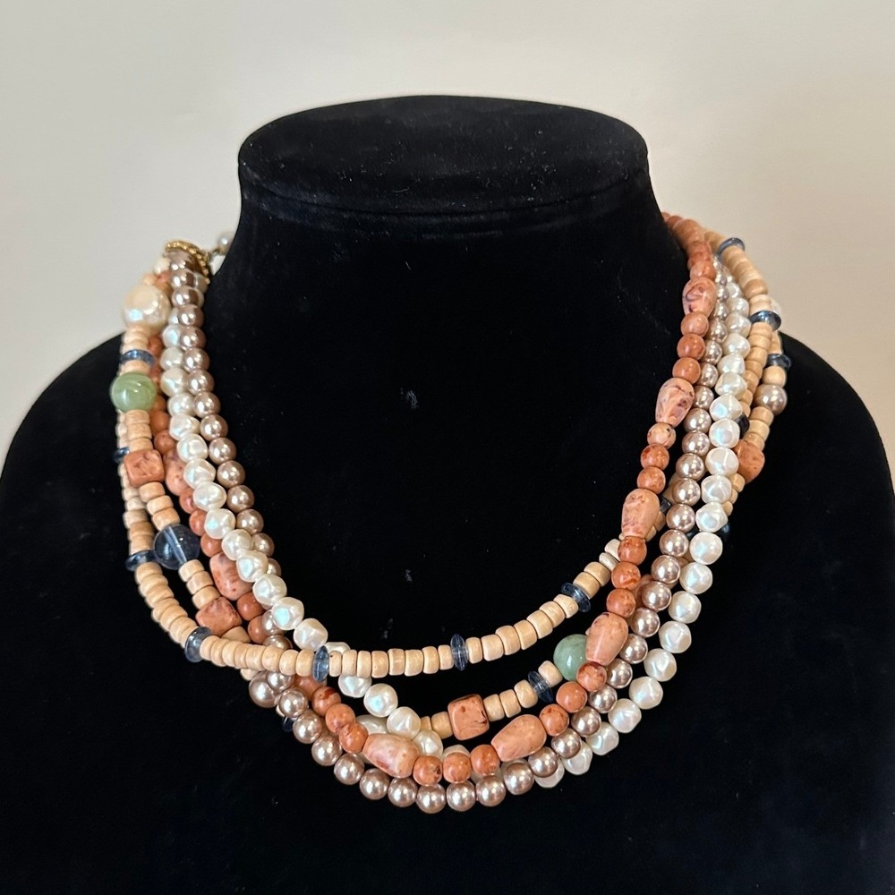 Multi Strand Beaded Necklace Wood Faux Pearl Stone Earthy Boho Gold Tone 18.5"